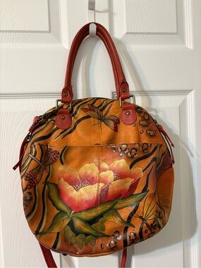 Anuschka Hand-Painted Floral Shoulder Bag in Orange and Red